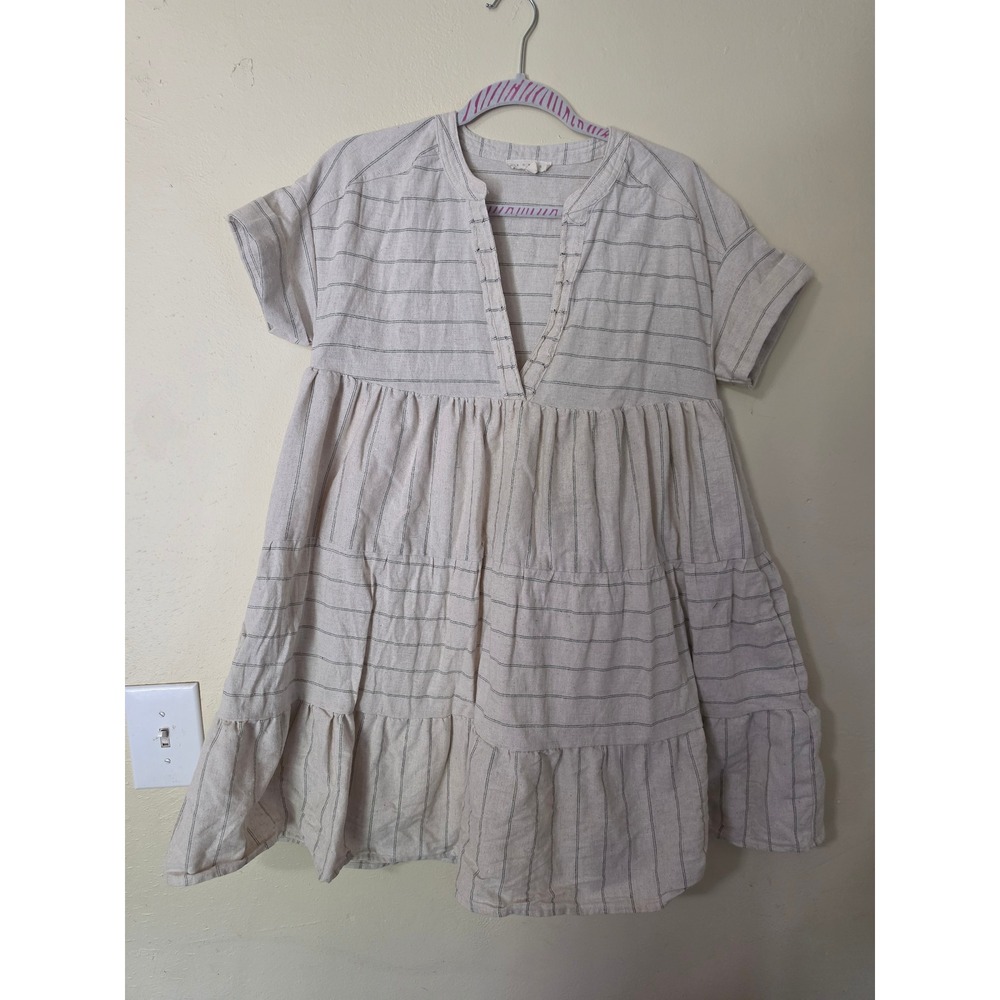 Promesa Cotton Linen Striped Tiered Babydoll Mini Dress Beige Black Medium
